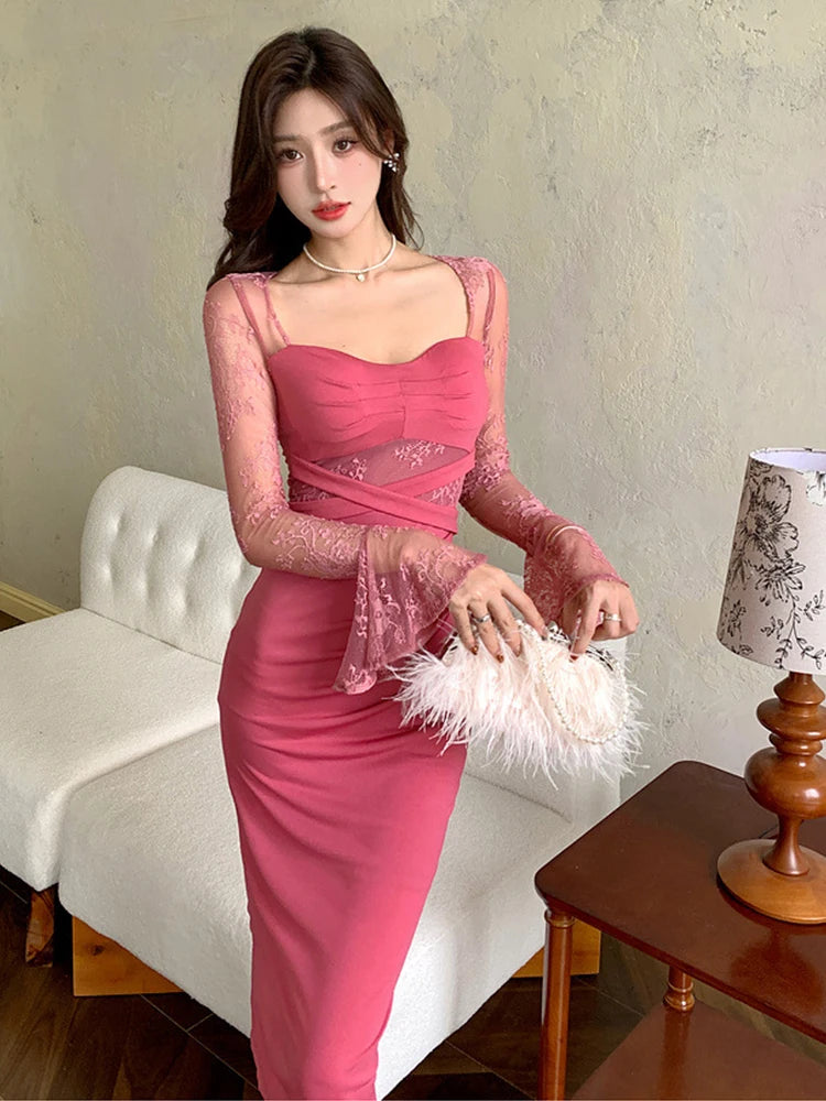 Hnewly New Autumn Fashion Sweet Stretchy Long Dress Women Clothes Elegant Sexy Square Collar Skinny Folds Midi Robe Party Prom Vestidos