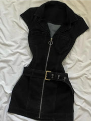 Hnewly  Summer New Denim Women's Dresses Belt Tunic Dress Zipper Ropa Mujer Gothic Vestidos Korean Fashion Casual Roupas Feminina