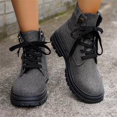Hnewly  Autumn and Winter Fashion New Warm Solid Color Sexy Round Toe Lace-up Comfortable Square Heel Elegant Women's Short Boots