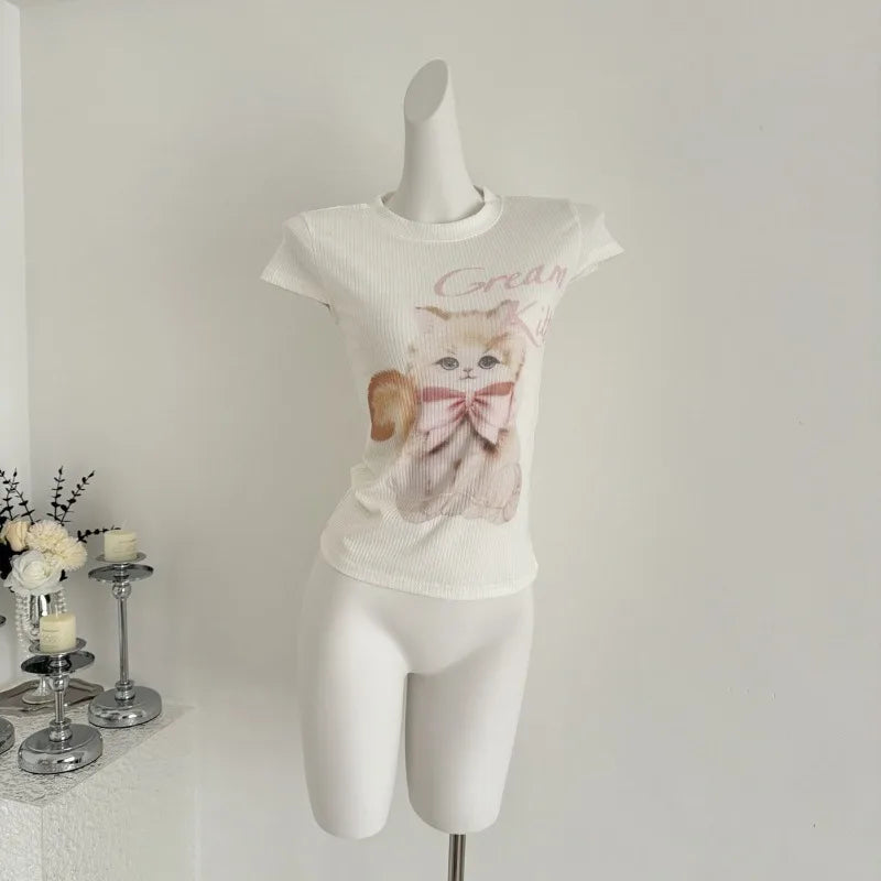 Hnewly  Sweet T Shirts Women Cartoon Cat Printed Short Sleeve Summer Fashion Sexy Stretch Slim Y2k Tops Female Casual Tshirt