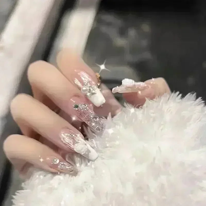 Hnewly 24Pcs False Nails French Gradient Ballet Fake Nails Press on Nails Black Heart Rhinestone Design Glitter Full Cover Nail Tips