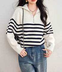 Hnewly  Quarter Zipper Sweater Women Long Sleeve High Collar Rib Knit Pullover Casual Striped Sweater Jumper Fall Winter Outfit
