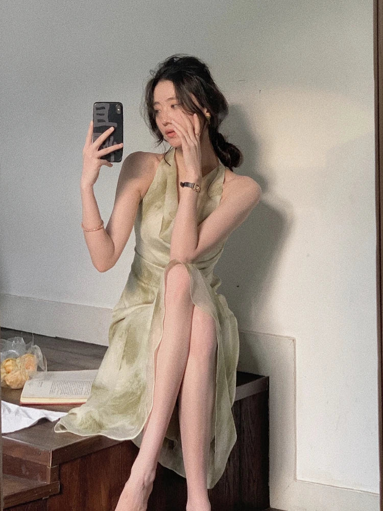 Hnewly Vintage Sexy Sleeveless Neck-mounted Party Maxi Dresses for Women Halter Spaghetti Strap Folds Midi Dress Elegant Fashion Summer