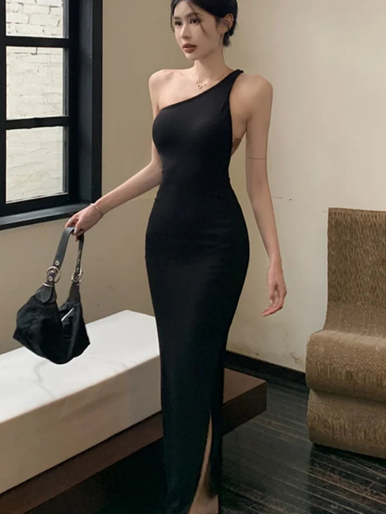 Hnewly Elegant Solid Color Princess Evening Dresses French Romantic Black Hip Wrap Graduation Dress Korean Summer Strap Wedding Dress