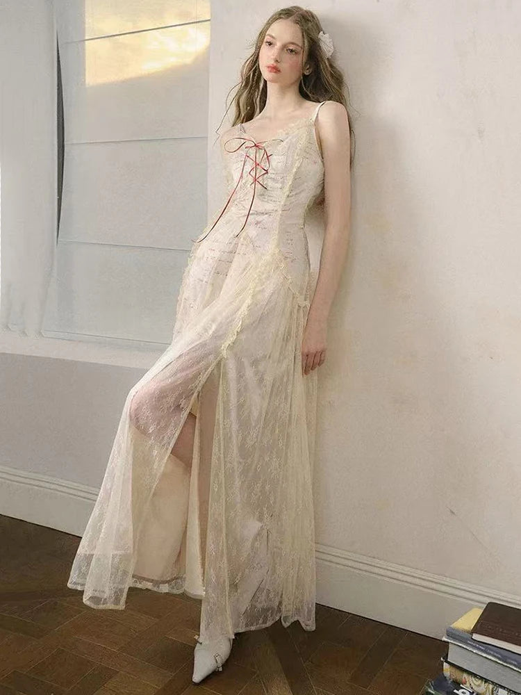 Hnewly Elegant Lace Patchwork Camis Dress Women Summer Sexy Backless Hollow Out Midi Dress Y2K Fashion Lace Up Streetwear Vestidos