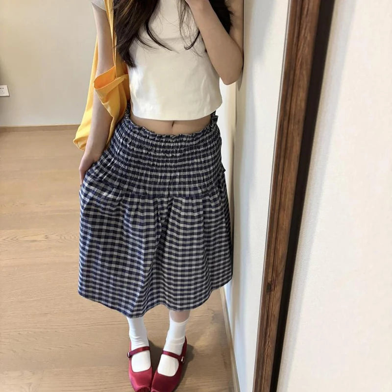 Hnewly  Korean Elastic High Waist Plaid Skirt Women Summer Patchwork Sleeveless A Line Dress Woman Chic Pleated Midi Skirts Female