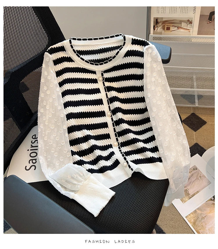 Hnewly  Striped knitted Sweater For Women's Spring Autumn French Elegant Round Neck Long Sleeved Patchwork Chiffon Loose All-Matched Top