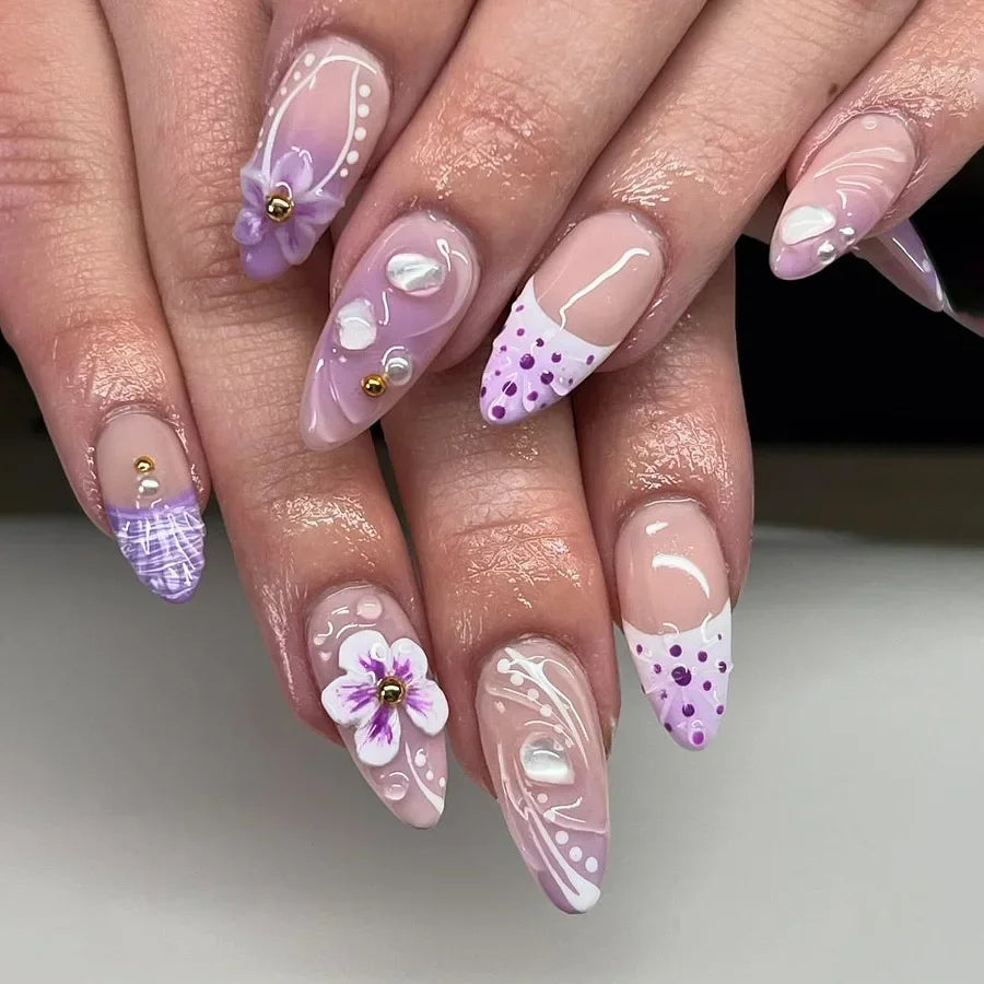 Hnewly 24Pcs Cat Eye Press on Nails with Almond Head Bow Diamond Stick on False Nail Sweet Pink French Full Cover Artificial Nails Tips