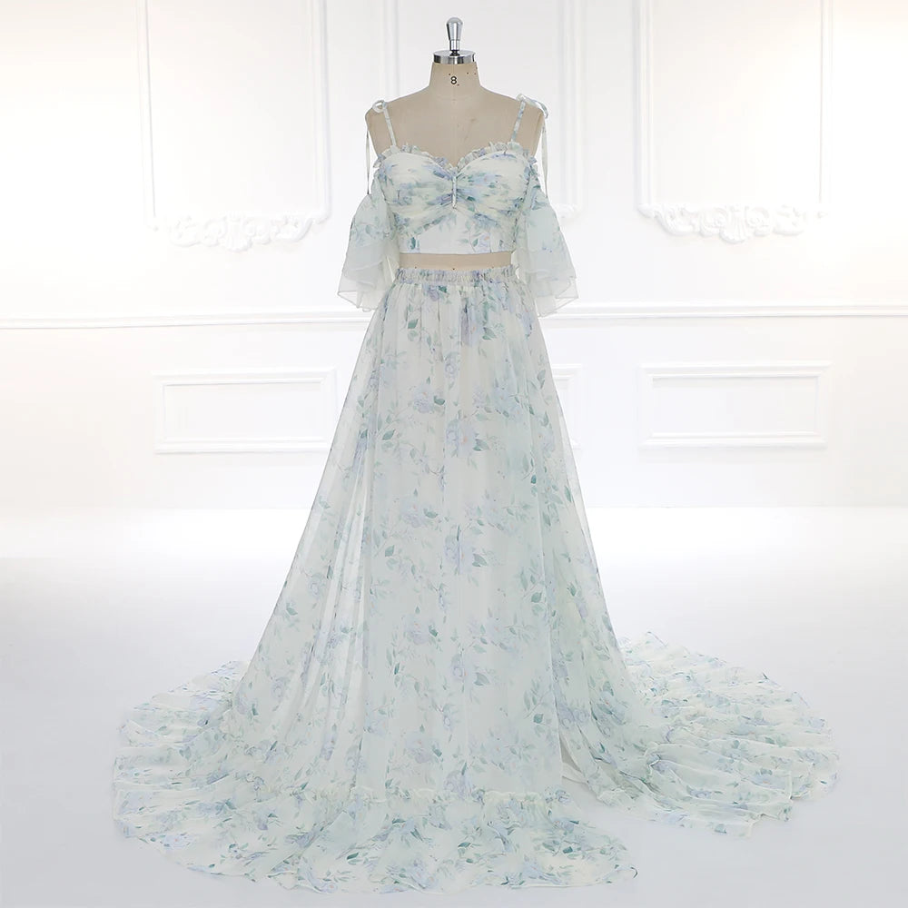 Hnewly  Print Floral Two Piece Spaghetti Strap Blue Tulle Elastic Waist Maternity Dresses for Photo Shoot or Baby Shower