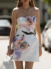 Hnewly  Fashion Sleeveless Hollow Cocktail Dresses Casual Floral Print Backless Holiday Dress Lady Elegant Strapless Waist Banquet Dress