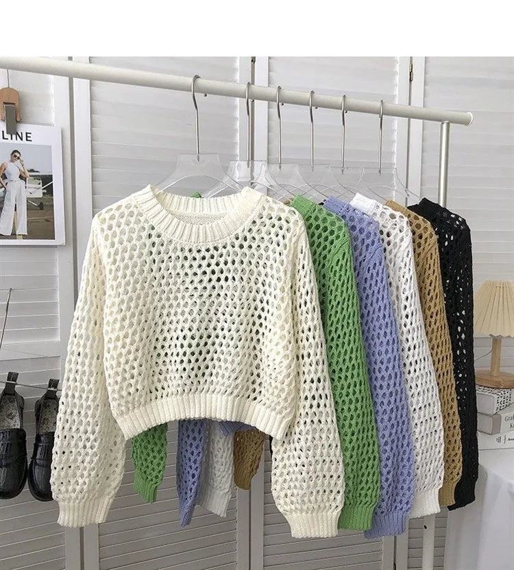 Hnewly Hollow Sun Protection Shirt Women's Summer Loose Pullover O-Neck Puff Long Sleeve Air Conditioning Knitwear Korean Retro Top