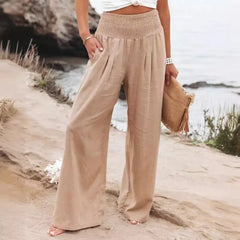 Hnewly  Cotton and Linen Solid-color Stretched-waist Wide-leg Pants Casual Pants Long Pants for Women Spring and Summer Women's Wear