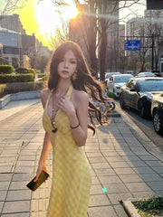 Hnewly  Elegant Sweet V-neck Long Dress Women Butter Yellow Casual Sexy Beach Midi Dresses Korean Style Lace Up Dress Backless