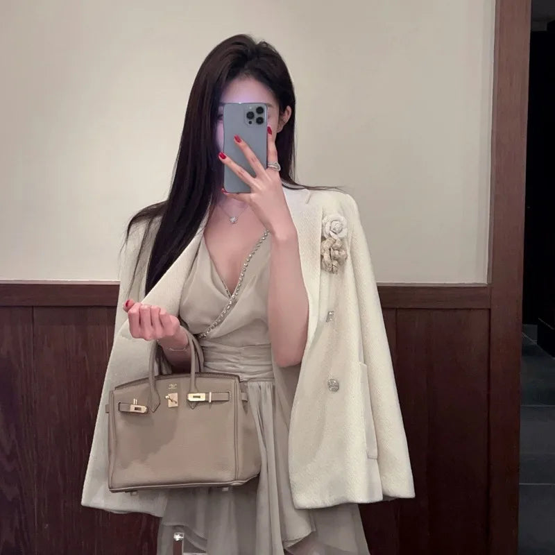 Hnewly  Woman Dress Rhinestone V Neck Ruffles Summer Fashion Sweet Solid Elegant Temperament Mini Dresses Female Casual Chic