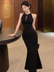 Hnewly  Woman Dress Temperament Beaded Sleeveless Halter Elegant Mesh Patchwork Vintage Temperament Dresses Party Ladies