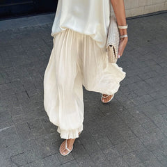 Hnewly  Fashion Ruched Long Trousers Women's Elastic Waist Elegance Solid Leisure Trousers Autumn Commuting Clothing Female