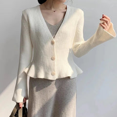 Hnewly  Flared Sleeve Cardigan for Women Ruffled Hem Rib Knit Long Sleeve V-Neck Button Up Sweater Jacket Autumn Winter Elegant Outfit