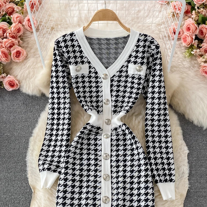 Hnewly  V-neck Sweater Dress Autumn New Versatile Slim Knitted Dresses Elegant Single Breasted High Waisted A-line Gown