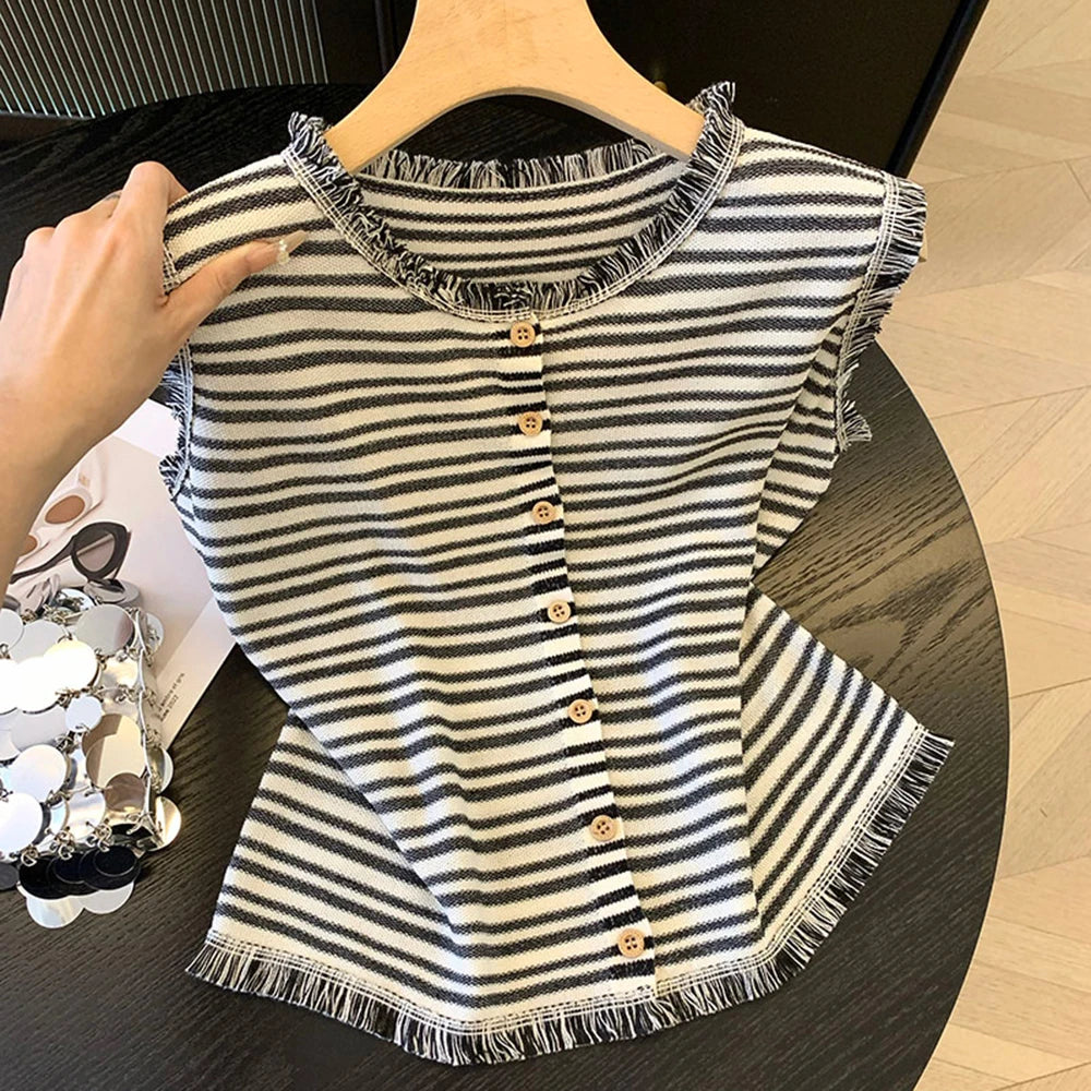 Hnewly  Striped Round Neck Knitted Sweater Cardigan Women's Tassel Sleeveless Vest Tops Single Breasted Versatile Fashion Jacket