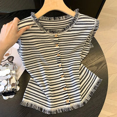Hnewly  Striped Round Neck Knitted Sweater Cardigan Women's Tassel Sleeveless Vest Tops Single Breasted Versatile Fashion Jacket