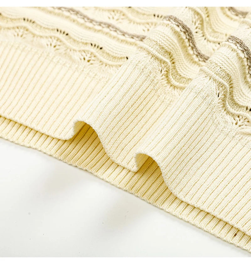 Hnewly  Hollow Out Ice Silk Knitted T-shirt Retro Round Neck Wave Pattern Short Sleeve Tee Women's Spring/Summer New Fashion Loose Top