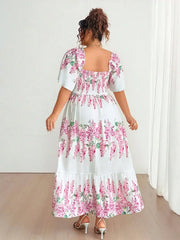 Hnewly  New Elegant Floral Print Petal Short Sleeve Plus Size Long Dresses Vacation Party Elastic Bust Square Neck Female Clothing Dress