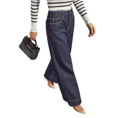 Hnewly  New Deep Blue Retro Women High Street Vibe Wide-leg Jeans Fashion High Waist Wide Leg Daily Commuted Loose Straight Pants