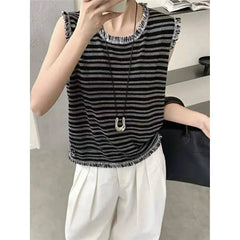 Hnewly  Tassel Edge Striped Knitted Vest Women's Summer New Sleeveless Round Neck Vest Knitwear Tops Fashion Versatile Pullover vest