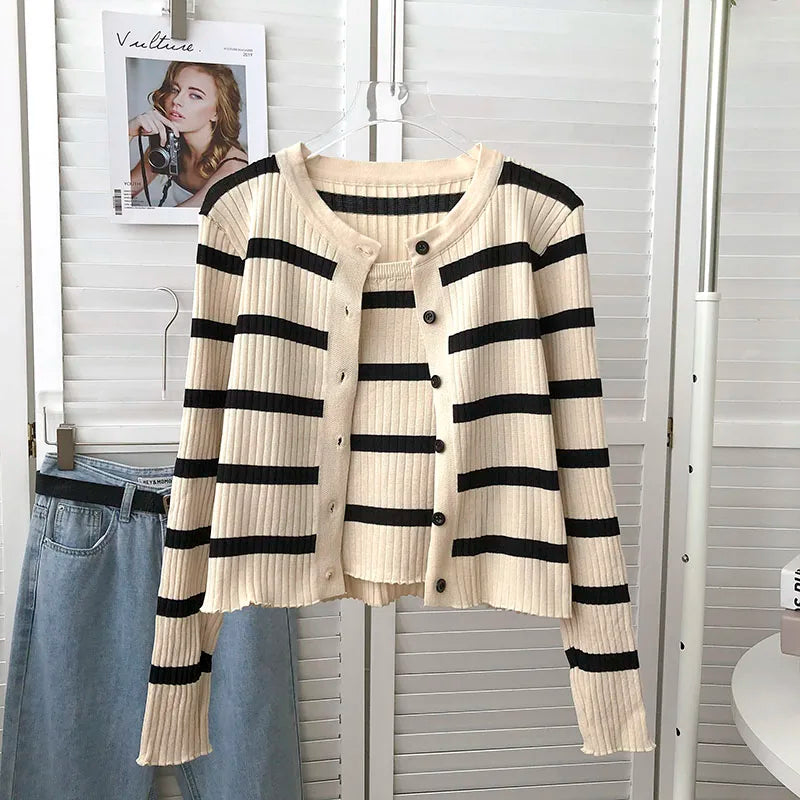 Hnewly  Women's Striped Knitting Cardigan Single Breasted Long Sleeved Sweater+Spaghetti Straps Vest Spring Autumn Korean Top 2pcs