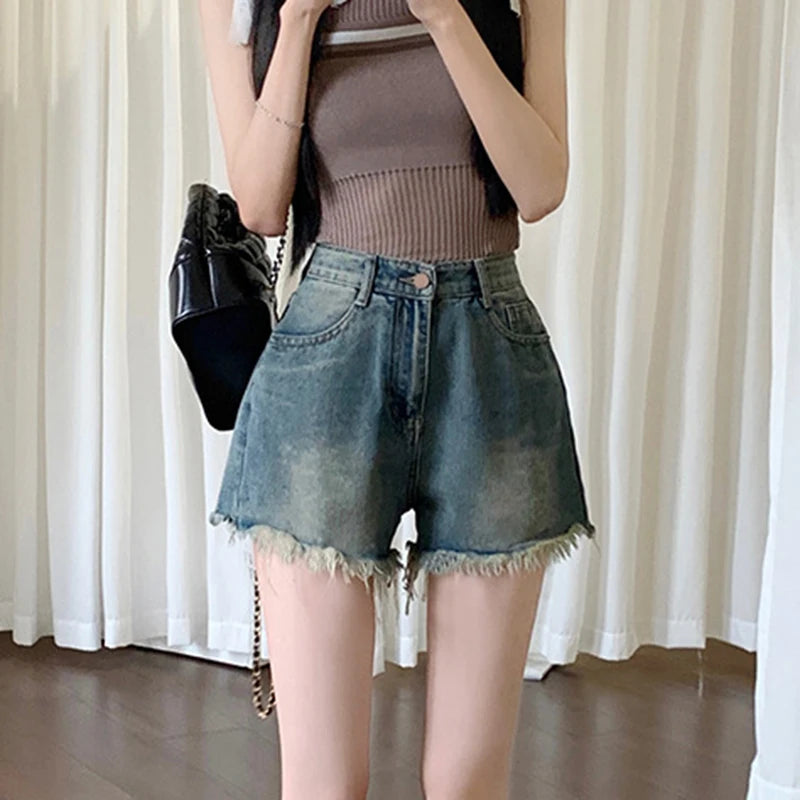 Hnewly y2k Denim Shorts Women Summer High Waist Wide Leg Loose Fit Tassel Jean Shorts with Pockets 2000s Hot Pants Streetwear
