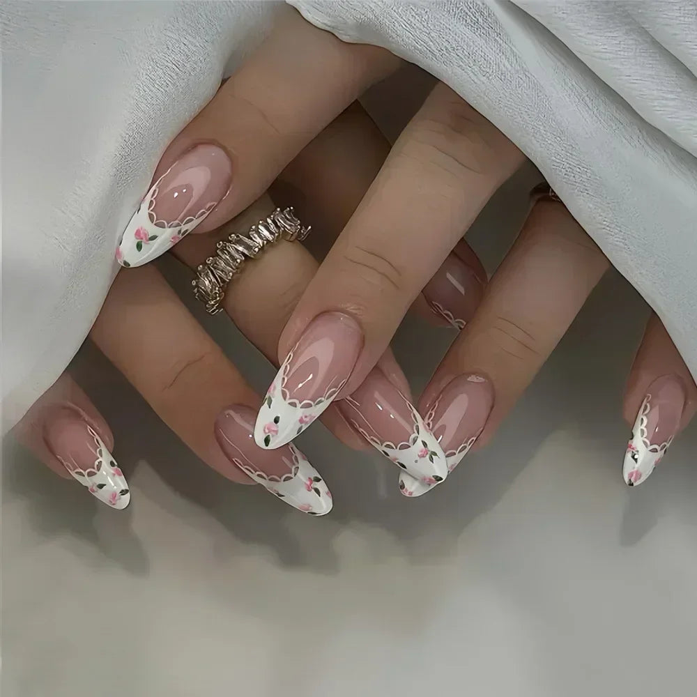 Hnewly 24Pcs Pink Almond French Press on Nails With 3D Bow ripple charms Design Fake Nails Ballerina False Nails Full Cover Nail Tips