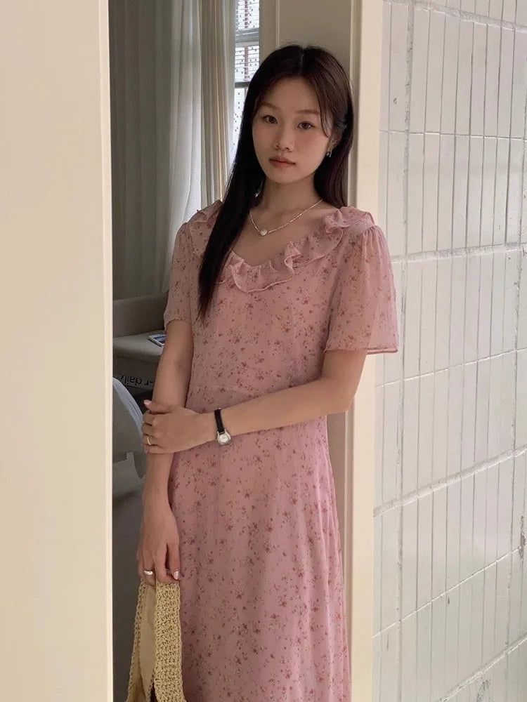 Hnewly  Woman Dress Short Sleeve Floral Printed Ruffles French Style Chic Summer Fashion Casual Temperament Elegant Dresses