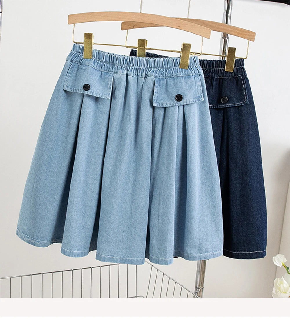 Hnewly M-5XL Oversize Denim Skirt Women's New Elastic High Waisted A-line Loose Fit Retro Knee-length Skirt with Built-in Safety Shorts