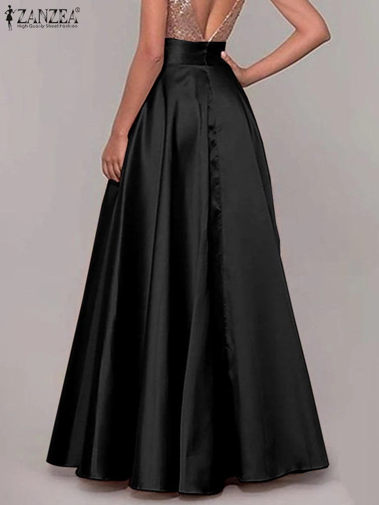 Hnewly Bohemian Women Satin Silk Long Skirts Cotton Solid Elegant Loose Sundress Femme Elastic Waist Oversized Casual Dresses