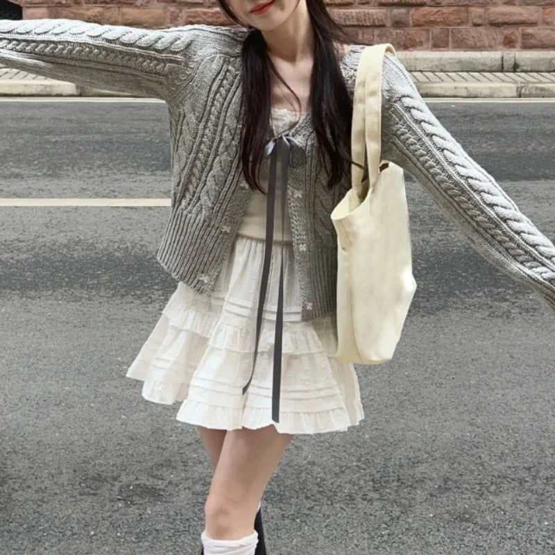 Hnewly Fairycore Sweater y2k Clothes Women Solid Color V Neck Long Sleeve Cardigan Knitted Tops 2000s Clothing Streetwear