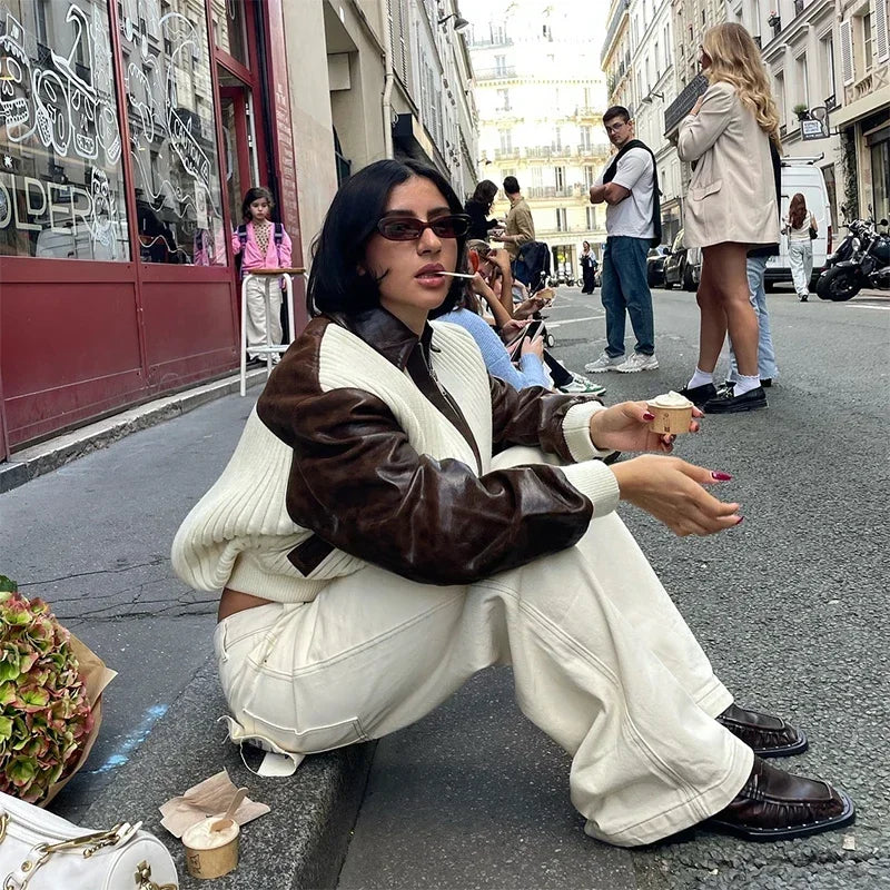 Hnewly  Fashion Knit Patchwork Leather Jacket Women Lapel Full Sleeve Zipper Pockets Contrast Coats Autumn Winter Lady Street Coat