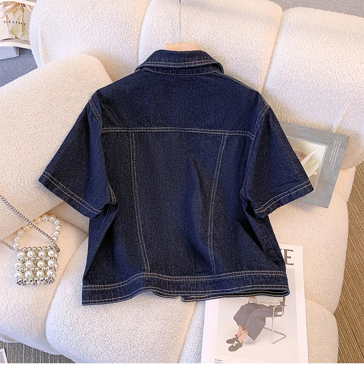 Hnewly  Deep Blue Short Sleeve Denim Jacket For Women Spring/Summer Lapel  Single Breasted Korean Loose All-Match Short Casual Top