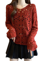 Hnewly  Crochet Cardigan for Women Sheer Openwork Knitted Top Button Down Openknit Blouse Boho Chic Vacation Outfit