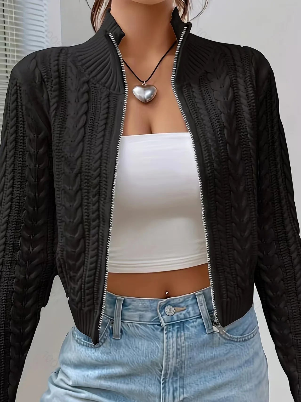 Hnewly  Zip Up Crop Cardigan for Women Boxy-fit Zipper Front Cable Knit Sweater Jacket Autumn Winter Teen-girl Y2K Outfit