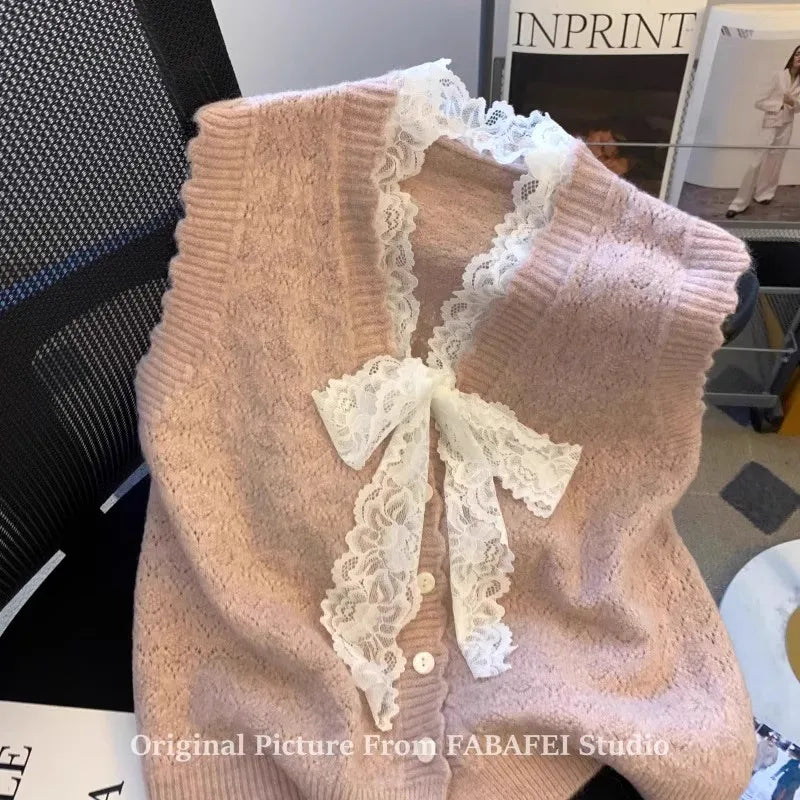 Hnewly  Elegant Lace Bow Sweater Vest Women's 2025 New Spring Autumn Sleeveless V-neck Knitted Pullover Korean Version Versatile Top