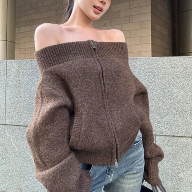 Hnewly  Women's Off-the-Shoulder Sweater Cardigan Zip Up Knitted Off Shoulder Sweater Jacket Teen-girl Fall Winter Y2K Outfit