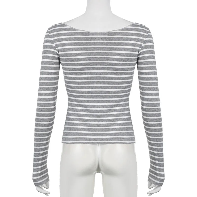Hnewly Grunge Top y2k Clothes Women Cybercore Striped Off Shoulder Long Sleeve T Shirt 2000s Gothic Clothing Fall Streetwear