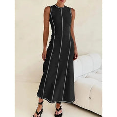 Hnewly  Tinaa Apricot Sleeveless Maxi Dress for Women Summer Striped O Neck Simple Basic Commuting Casual Long Dresses
