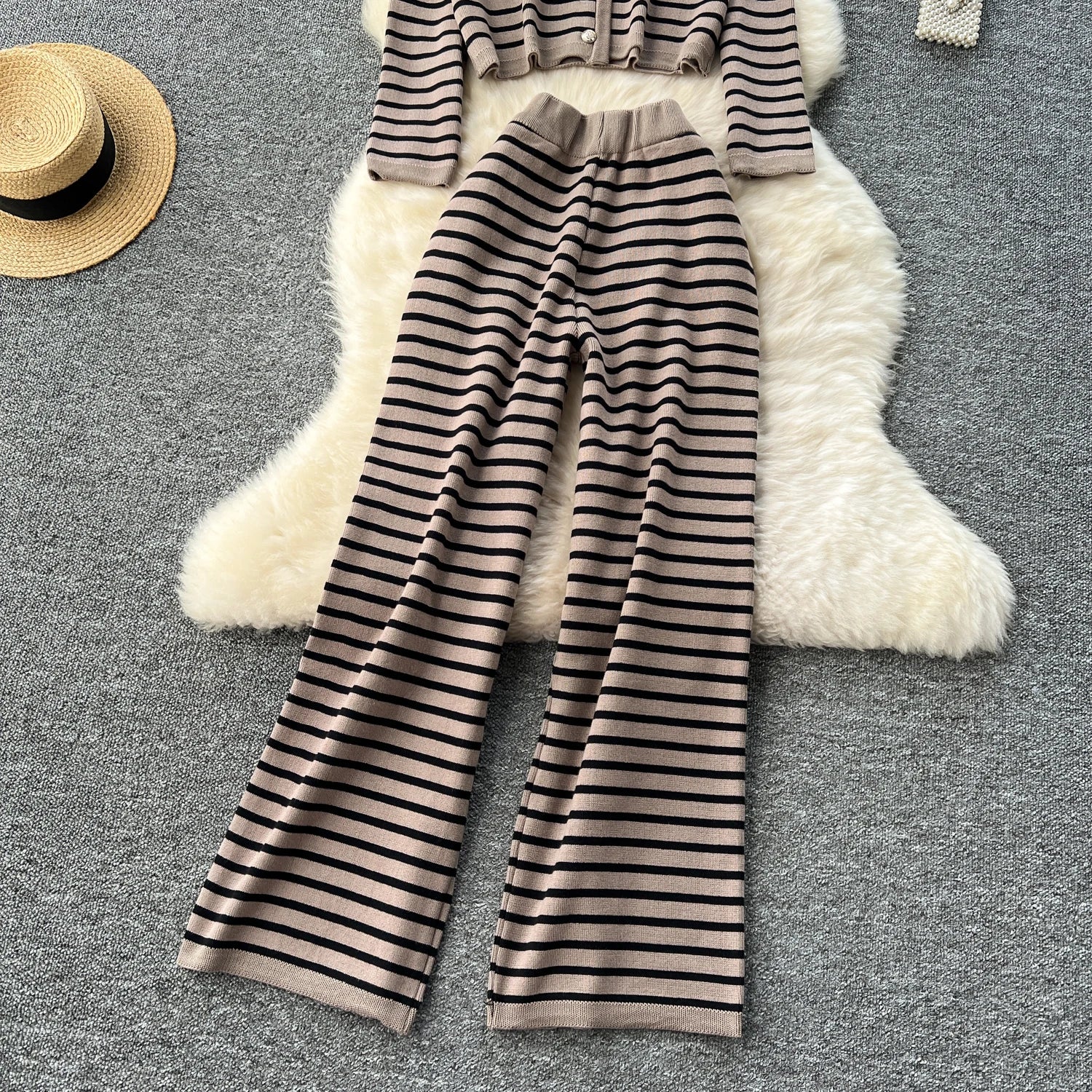 Hnewly  Elegant Knitted Set for Women's High End Versatile Round Neck Striped Knitted Cardigan+High Waist Casual Wide Leg Pants 2PCS