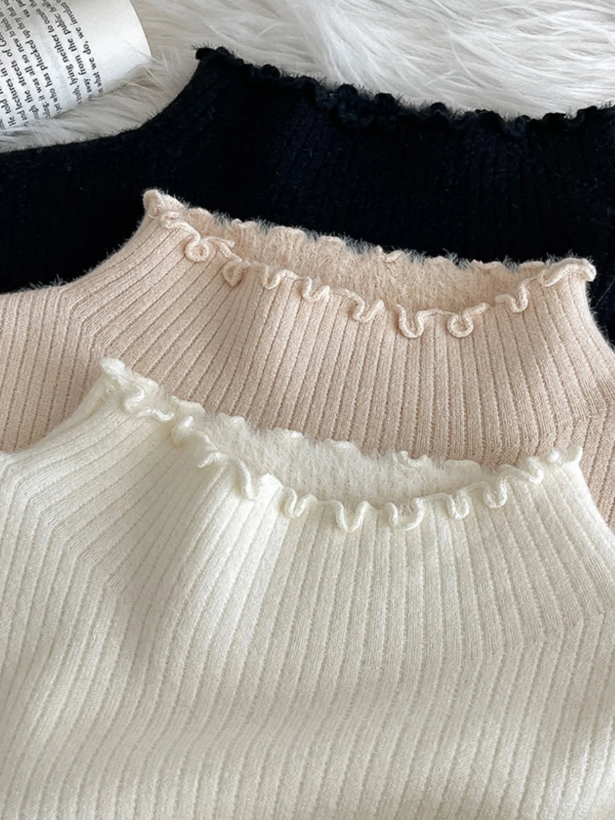 Hnewly  Lace Edge Half High Collar Sweater Autumn Winter New Women's Long Sleeve Top Warm Solid Color Slim Basic Knit Pullover
