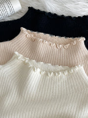 Hnewly  Lace Edge Half High Collar Sweater Autumn Winter New Women's Long Sleeve Top Warm Solid Color Slim Basic Knit Pullover