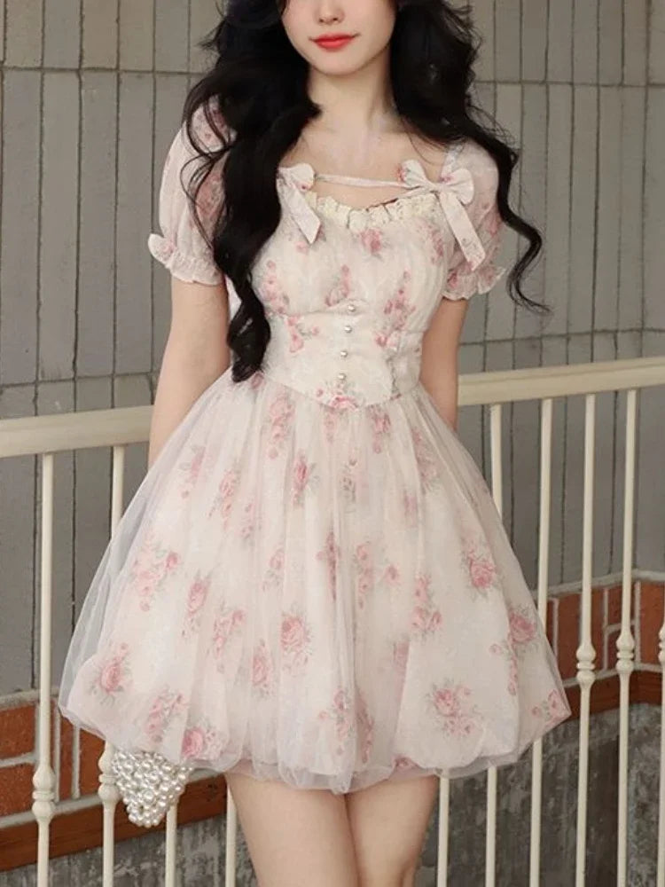 Hnewly  Summer Floral Sweet Mini Dress Women Print French Elegant Fairy Dress Female Korean Fashion Cute Party Mini Dress Summer