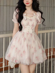 Hnewly  Summer Floral Sweet Mini Dress Women Print French Elegant Fairy Dress Female Korean Fashion Cute Party Mini Dress Summer