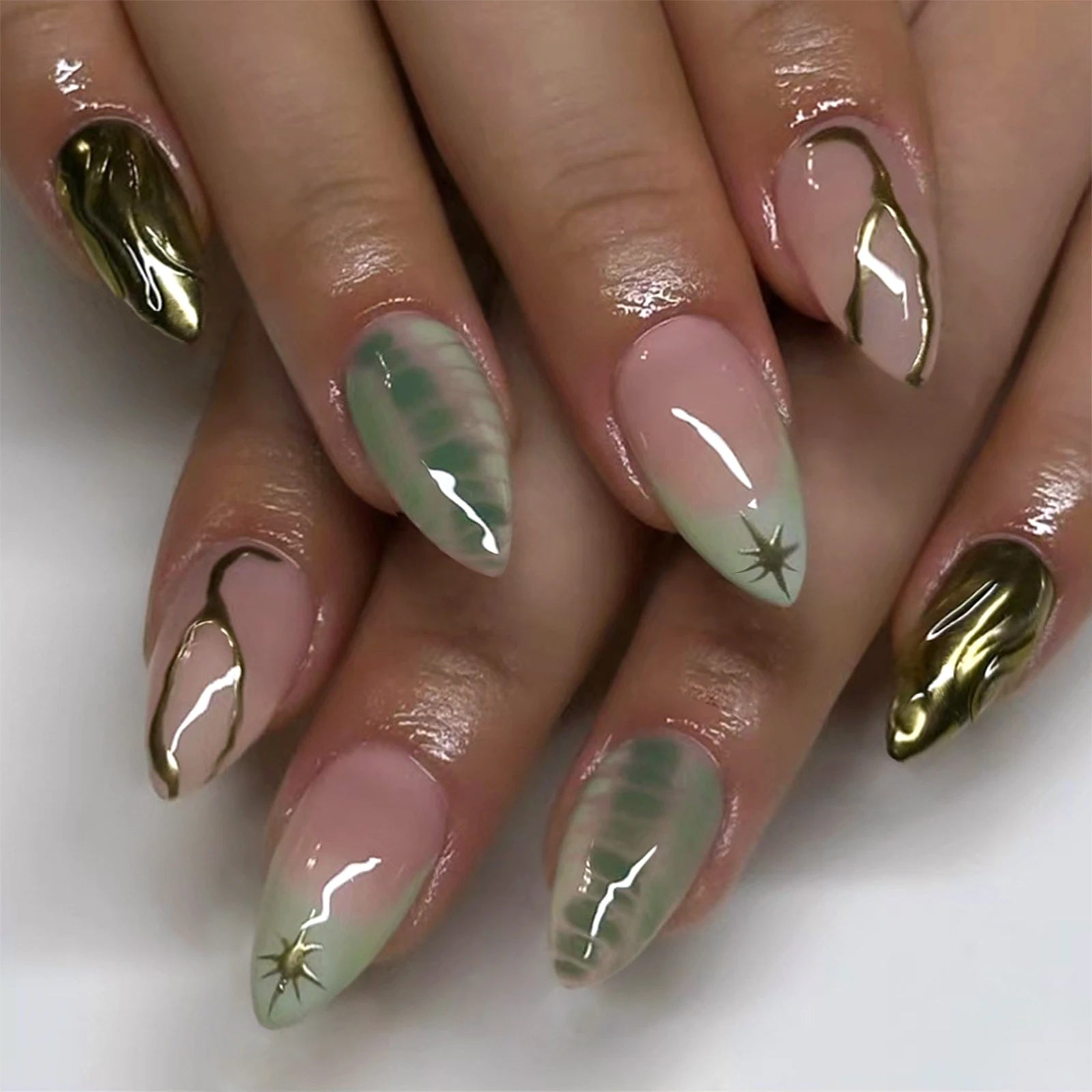 Hnewly 24pcs Detachable Flower Almond bowknot French False Nails Stars Love Glitter Design Press on Nails Fake Nials DIY Manicure Nails