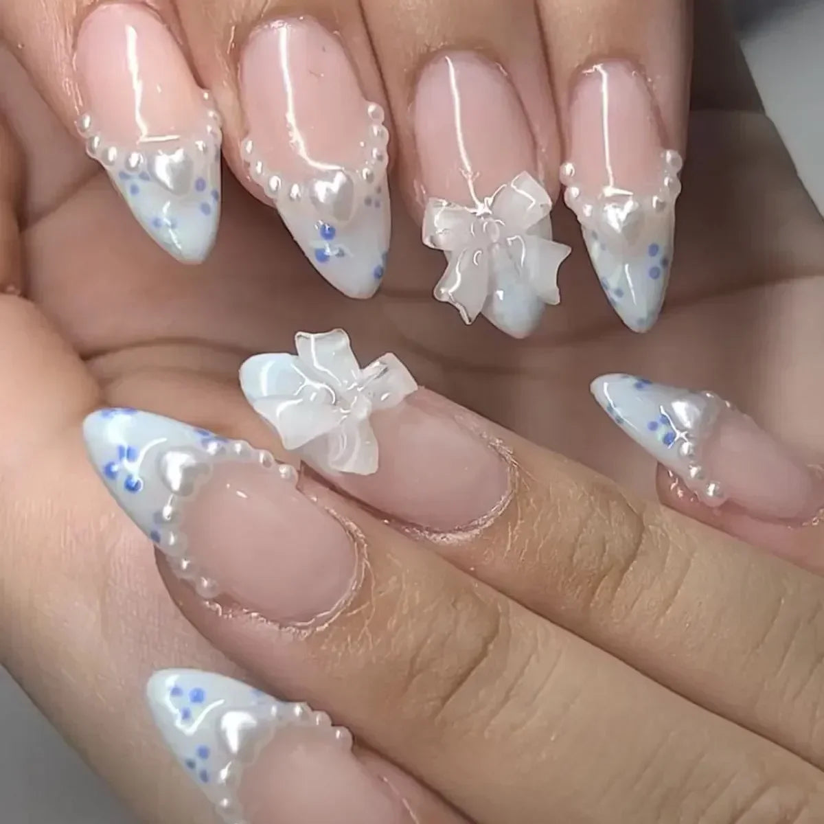 Hnewly 24Pcs Pink Almond French Press on Nails With 3D Bow ripple charms Design Fake Nails Ballerina False Nails Full Cover Nail Tips